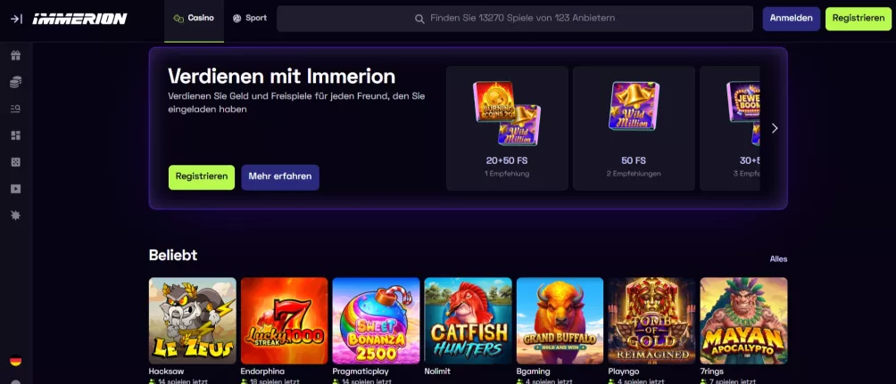 Immerion Casino – 250% Bonus bis zu 3.397 € + 250 Freispiele für Spieler in Deutschland